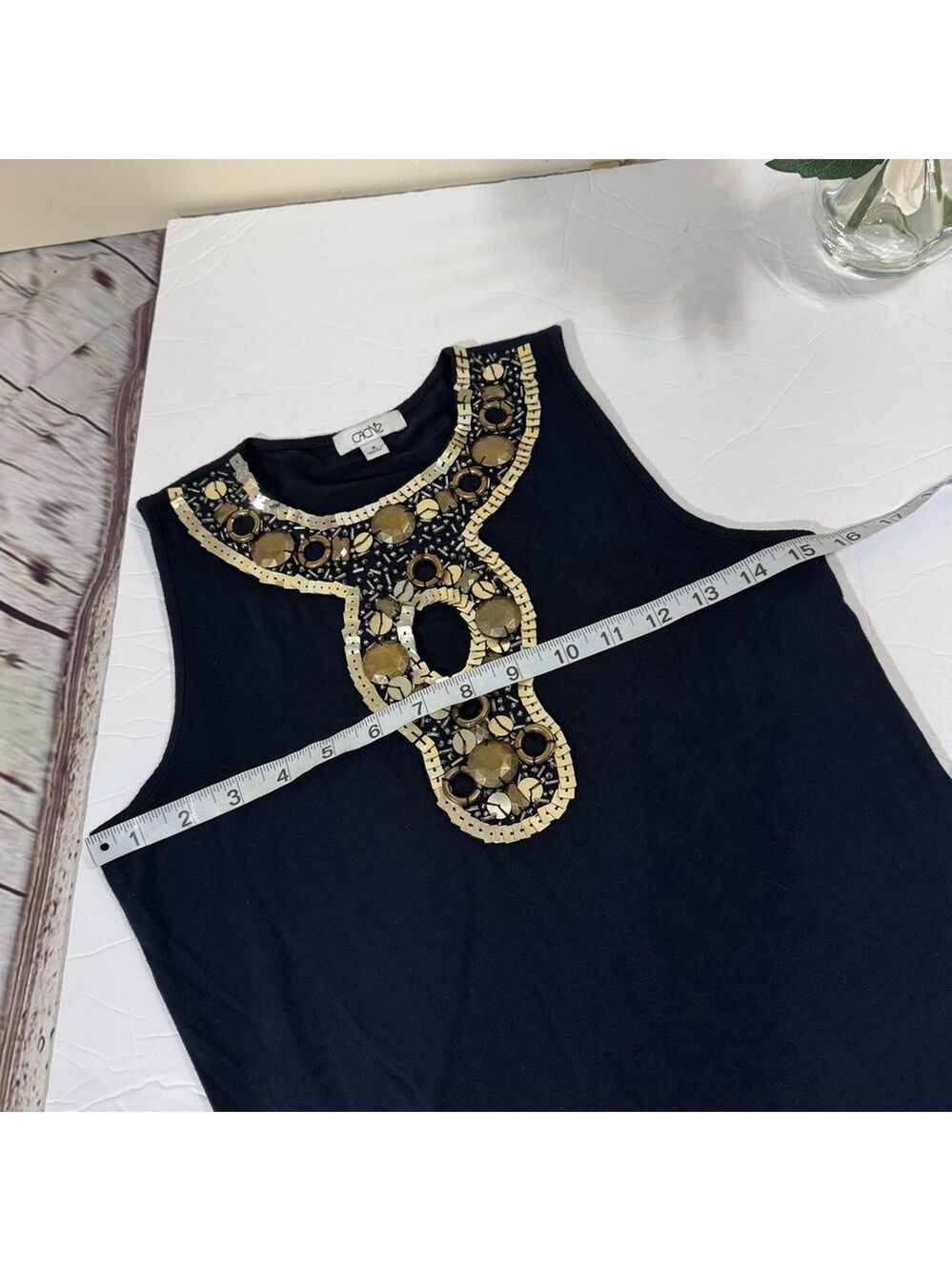 Cache Black Top with Bib Collar  Metallic Accents and Sequins Small - Picture 5 of 9